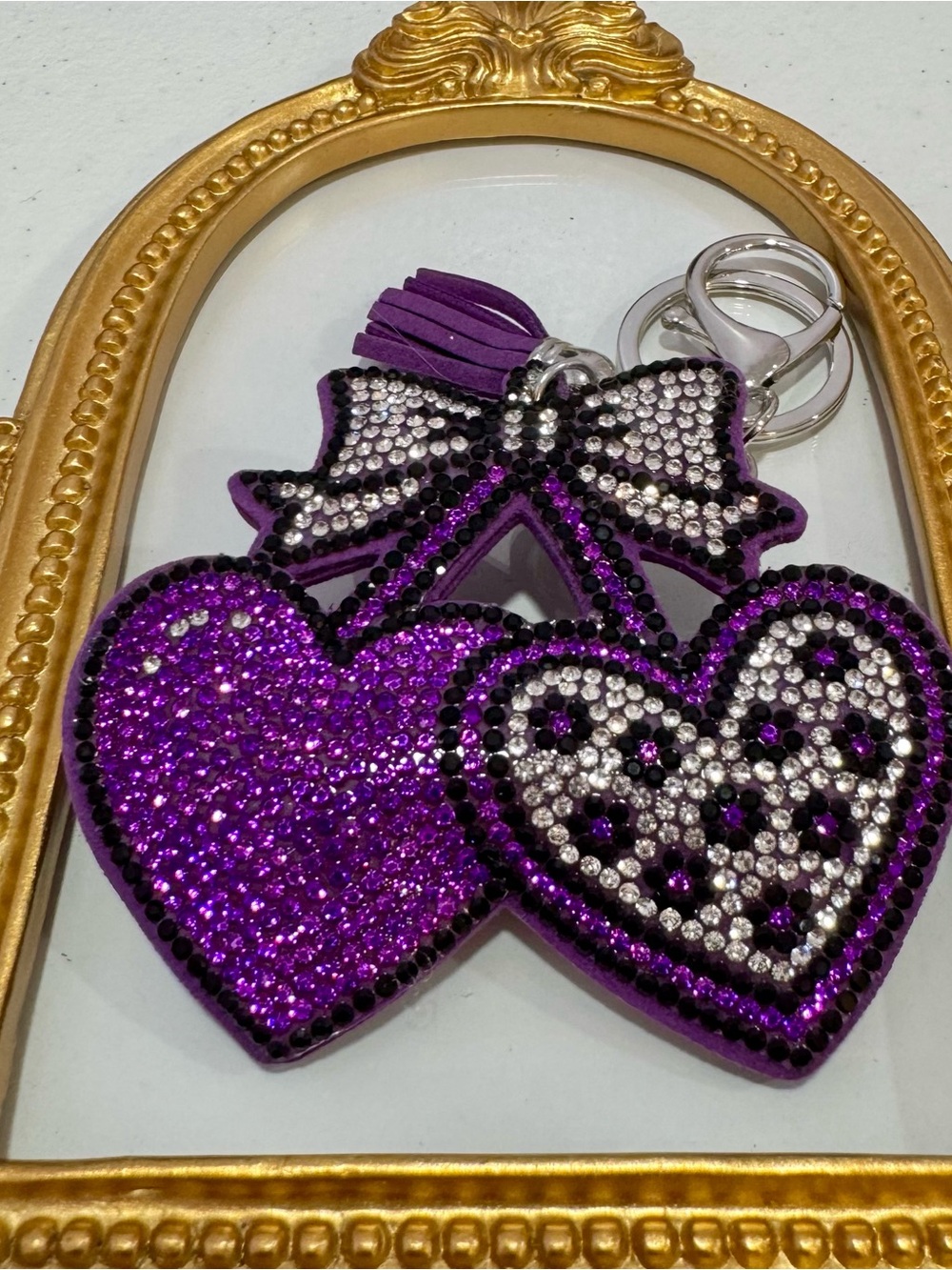 New Purple Crystal Double Heart Keychain with Bow Tassel